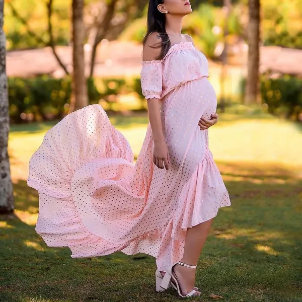 Maternity Pink Chiffon Polka Dot Ruffle Off The Shoulder Photoshoot Dress - Lukalula.com 