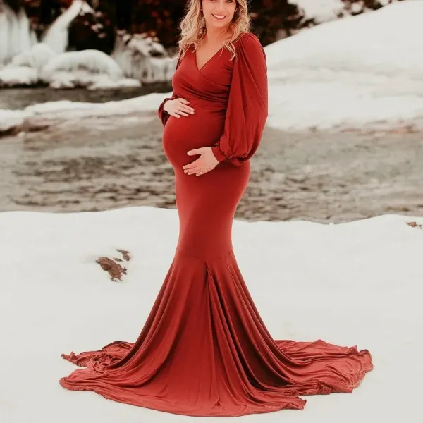 Maternity V-Neck Gown Maxi Photoshoot Dress - Lukalula.com 