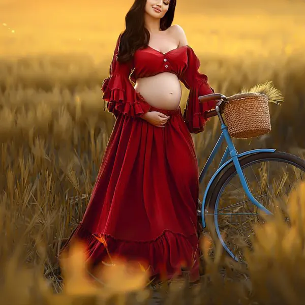 2 Piece Maternity Elegant Ruffle Sleeves Design Red Blouse And Skirt Set - Lukalula.com 