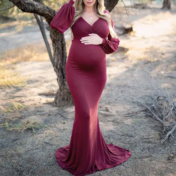 Maternity V-neck Long Sleeve Bodycon Photoshoot Dress 