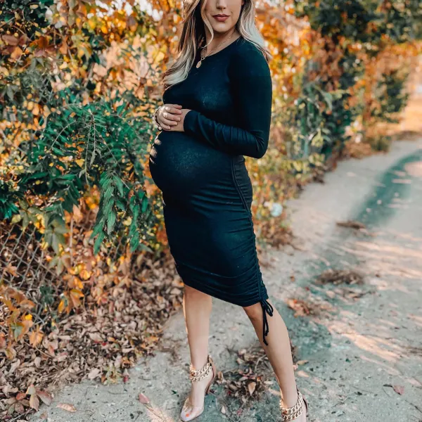 Maternity Fashion Solid Color Long Sleeve Dress - Lukalula.com 