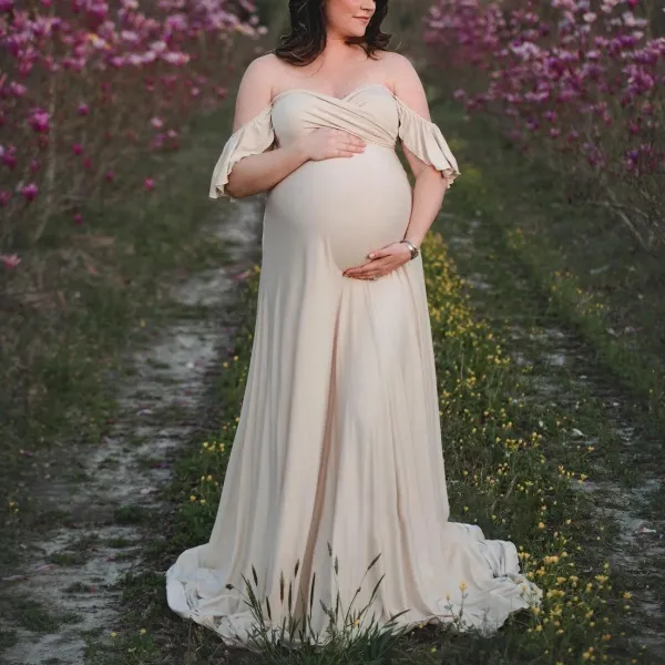 Maternity Elegant Ruffle Gown Off-the-Shoulder Maxi Photoshoot Dress - Lukalula.com 