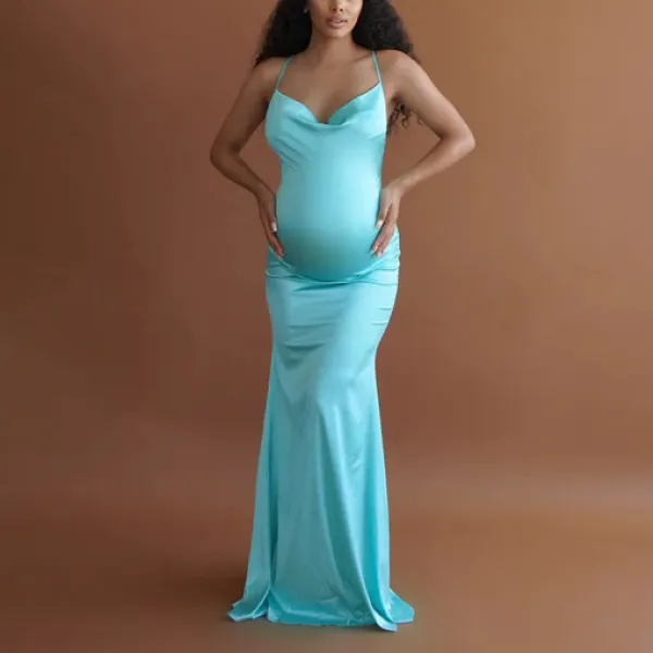 Maternity Elegant Backless Sling Dress Solid Color Maxi Gown - Lukalula.com 