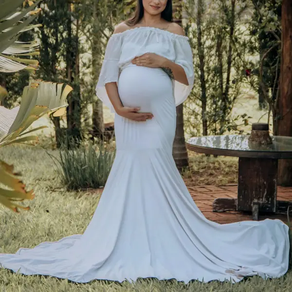 Maternity White Off-The-Shoulder Fishtail Photoshoot Dress Only $69.22 - Lukalula.com 