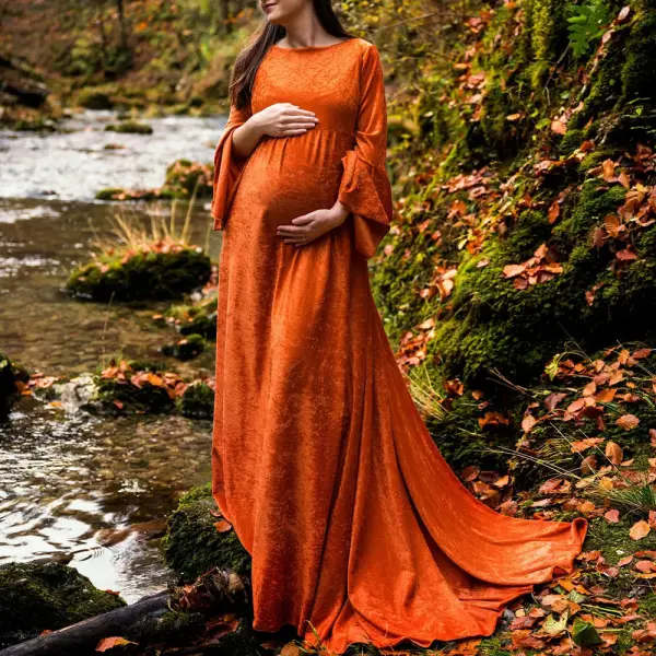 Maternity Gold Velvet Round Neck Flared Sleeves Photoshoot Dress - Lukalula.com 