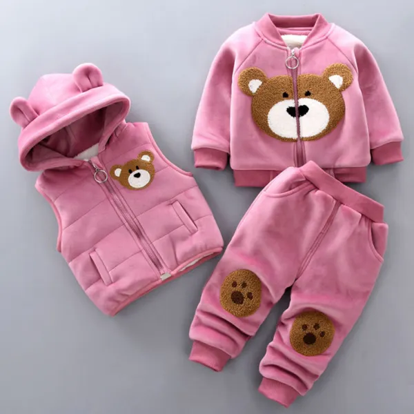【12M-4Y】3-Piece Kids Cute Bear Embroidery Thickened Fleece Cardigan And Vest And Pants Set - Lukalula.com 