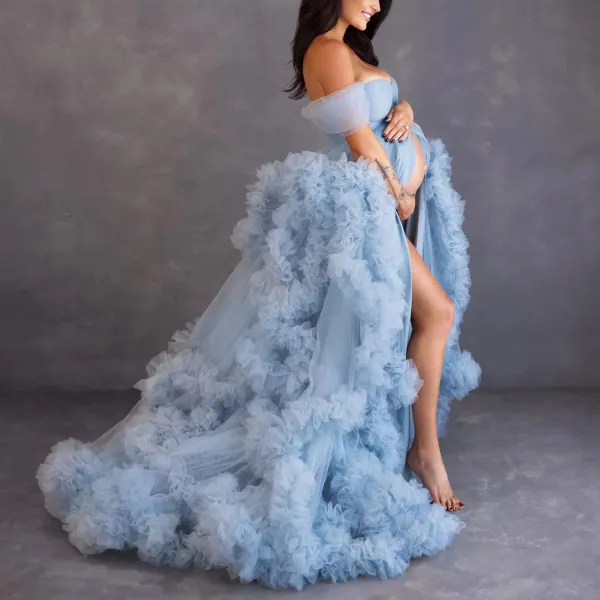 Maternity Elegant Strapless Dress Light Blue Ruffle Mesh Maxi Gowns - Lukalula.com 
