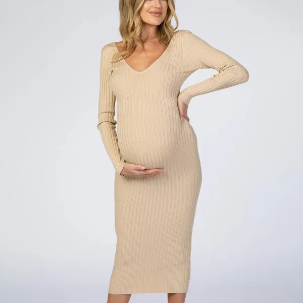 Maternity Solid Color V-Neck Long Sleeve Slimming Dress - Lukalula.com 