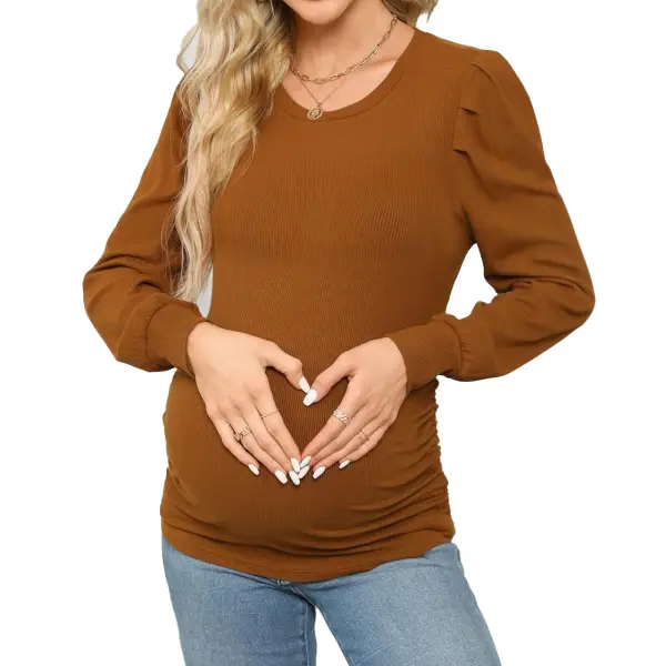 Maternity Khaki Round Neck Long Sleeve T-Shirt - Lukalula.com 