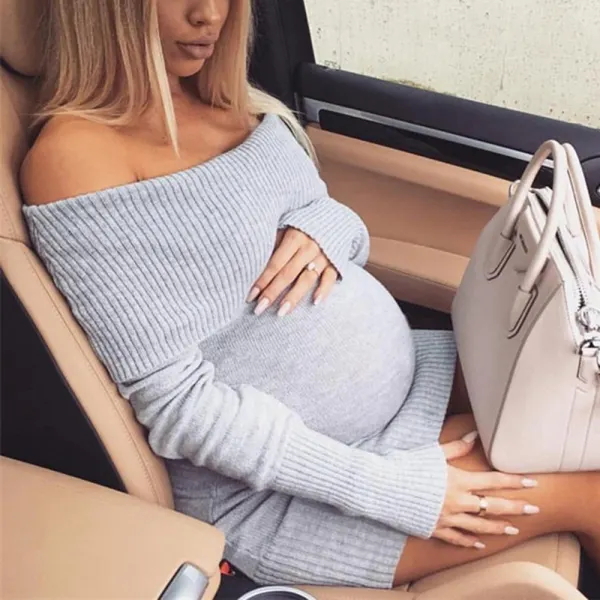 Maternity Solid Color Off The Shoulder Sweater Dress Only $47.03 - Lukalula.com 
