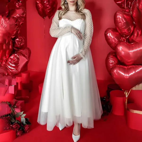 Maternity White Polka Dot Mesh Long Sleeve Photoshoot Dress - Lukalula.com 