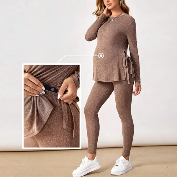 2-Piece Maternity Casual Khaki T-Shirt And Pants Set Only $55.69 - Lukalula.com 