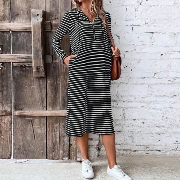 Maternity Black And White Striped Long Sleeve Hooded Sweatshirt Dress - Lukalula.com 
