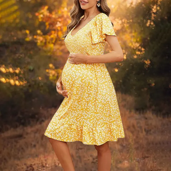 Maternity Flower Printed Short Sleeve Gathered Casual Dress - Lukalula.com 