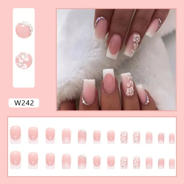 24PCS False Nails Adhesive Nail Tabs For Press On Nails Pink And White Flowers Removable Nails - Lukalula.com 