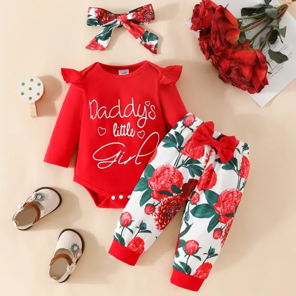【0M-24M】3-Piece Baby Girl Letter Print Red Romper And Floral Pants Set With Hairband Only $22.18 - Lukalula.com 