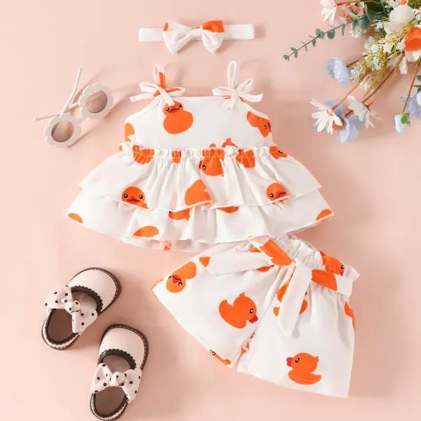 【3M-24M】3-Piece Baby Girl Cute Duck Print Sling Top And Shorts Set With Bow Hair Band - Lukalula.com 