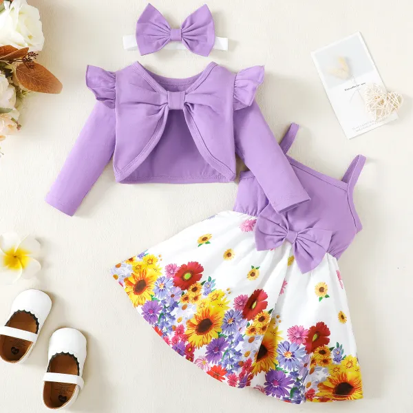 【3M-24M】3-Piece Baby Girl Sweet Purple Cardigan And Floral Dress Set With Bow Hairband - Lukalula.com 