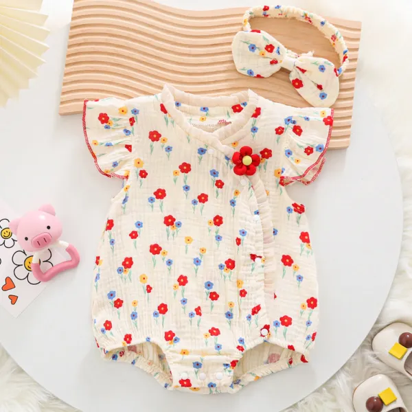 【3M-24M】2-Piece Baby Girl Sweet Floral Printed Cotton Rompers With Bow Hair Bands Only $17.74 - Lukalula.com 
