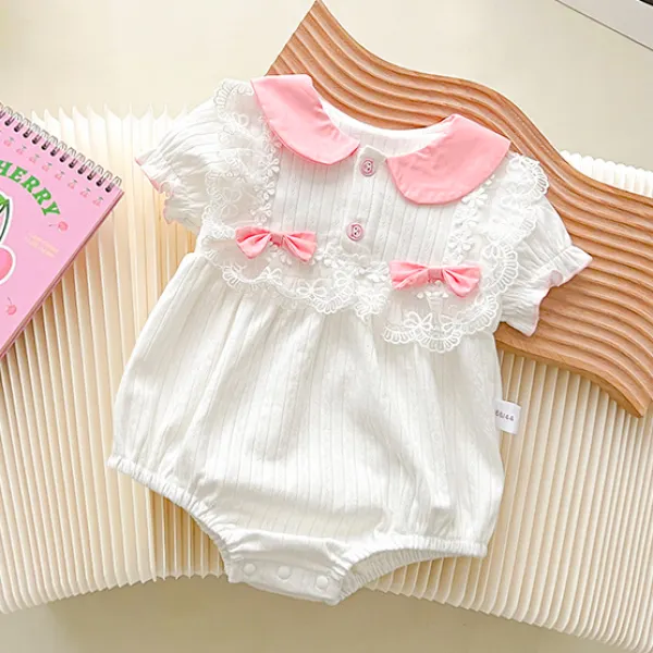 【3M-24M】Baby Girl Cute Pink Bow And White Lace Design Lapel Bubble Sleeve Romper Only $19.35 - Lukalula.com 