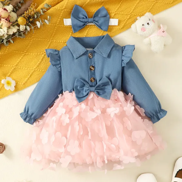 【3M-24M】2-Piece Baby Girl Butterfly Embroidery Pink Mesh And Blue Denim Long Sleeve Dress With Bow Hairband Only $21.45 - Lukalula.com 