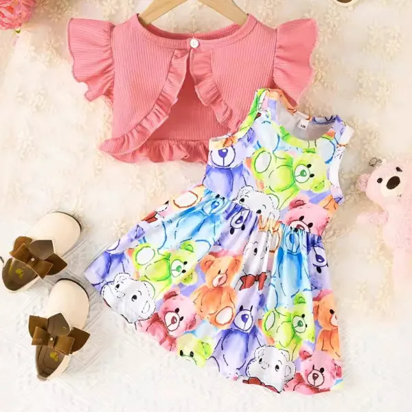 【6M-24M】2-Piece Baby Girl Cute Bear Print Dress And Ruffle Cardigan Set Only $20.97 - Lukalula.com 