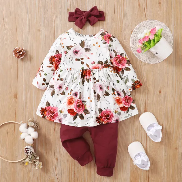 【3M-24M】 3-Piece Baby Girl Cute Flower Print T-Shirt And Pants Set With Hairband - Lukalula.com 