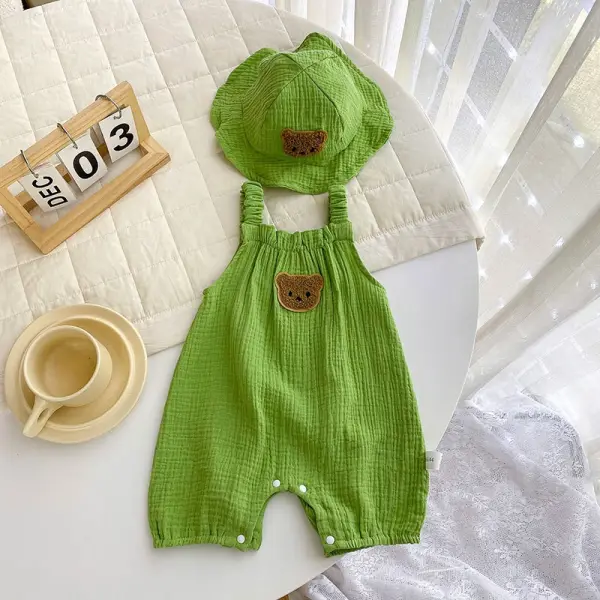 【3M-24M】2-Piece Baby Cute Bear Embroidered Jumpsuit Comfortable Overalls Romper With Hat - Lukalula.com 