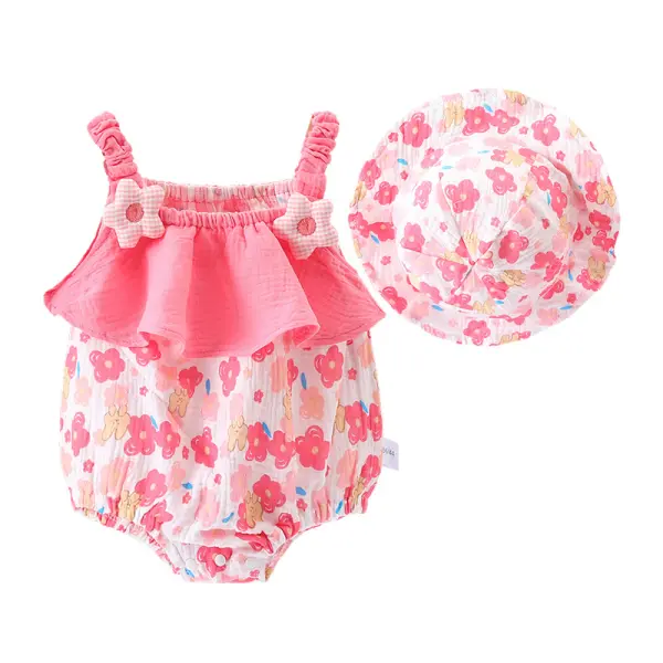 【3M-3Y】2-Piece Baby Girl's Cute Pink Floral Print Ruffle Halter Romper And Hat Set Only $20.16 - Lukalula.com 