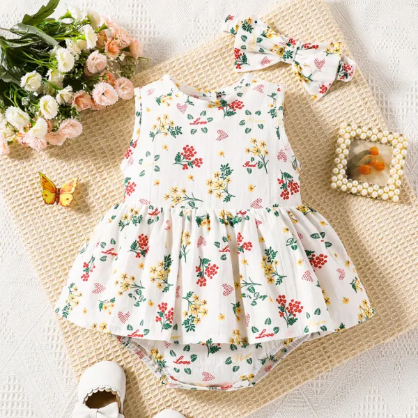 【3M-24M】2-Piece Baby Girl Floral Print Romper And Bow Hairband Set Only $20.97 - Lukalula.com 
