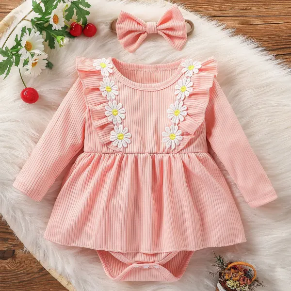 【3M-24M】2-Piece Baby Girl Cute Flower Embroidery Pink Ruffled Romper With Bow Headband - Lukalula.com 