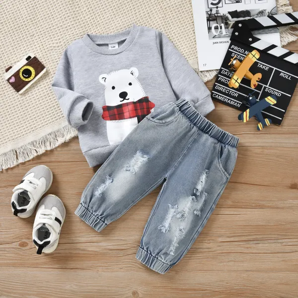 【3M-24M】Baby 2-piece Set Cartoon Bear Print Sweatshirt And Jeans Set - Lukalula.com 