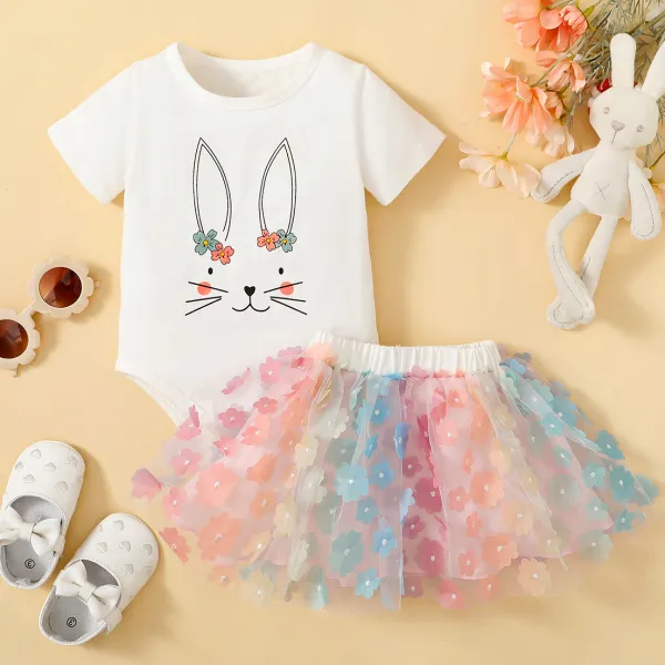 【0M-24M】2-Piece Baby Girl's Cute Bunny Print Romper And Floral Embroidered Skirt Set Only $22.58 - Lukalula.com 