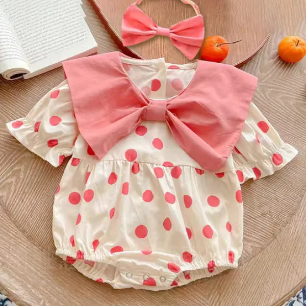 【3M-24M】2-Piece Baby Girl Sweet Pink Polka Dot Printed Lapel Romper With Bow Hairband Only $18.55 - Lukalula.com 