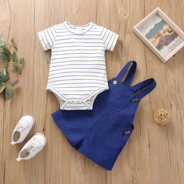 【3M-24M】Unisex Baby Casual Striped Short Sleeve Romper And Solid Color Strap Shorts Set - Lukalula.com 