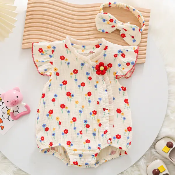 【0M-24M】Baby Girl Cute Sweet Cotton And Linen Floral Print Ruffle Romper With Headband - Lukalula.com 