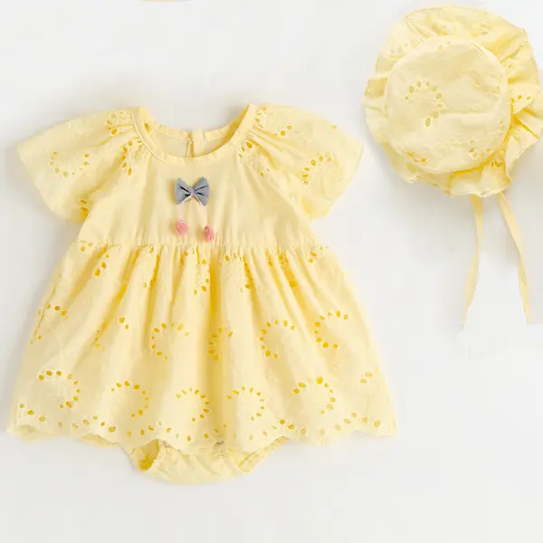 【3M-24M】Baby Girl Cute Cotton Floral Eembroidery Hollow Bowknot Short-sleeved Romper With Hat - Lukalula.com 