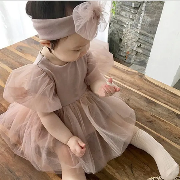 【3M-24M】2-piece Baby Girl Cute Puff Sleeve Splicing Puffy Mesh Romper With Headband Only $20.89 - Lukalula.com 