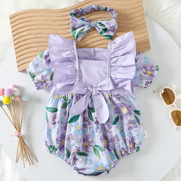 【3M-24M】Baby Baby Girl Cute Purple Flower Print Ruffled Bow Puff Sleeve Romper - Lukalula.com 