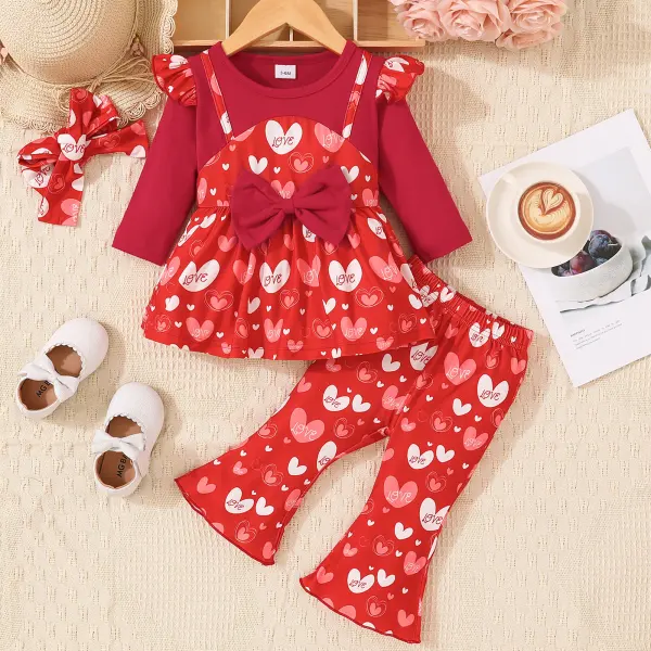 【3M-24M】3-piece Baby Girl Cute Heart-shaped Print Splicing Ruffle Bowknot Long-sleeved T-shirt And Flare Pants Set With - Lukalula.com 