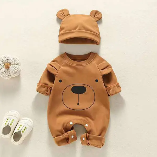 【0M-24M】2-piece Unisex Baby Cute Cotton Cartoon Bear Print Round NeckJumpsuit With Hat - Lukalula.com 