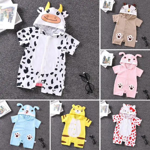 【3M-24M】Unisex Baby Cute Tiger Dairy Cow Dog Shaped Print Hooded Short-sleeved Romper - Popopieshop.com 