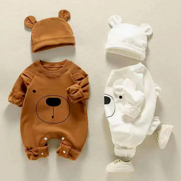 【0M-24M】2-piece Unisex Baby Cute Cotton Cartoon Bear Print Round Neck Jumpsuit With Hat - Popopieshop.com 