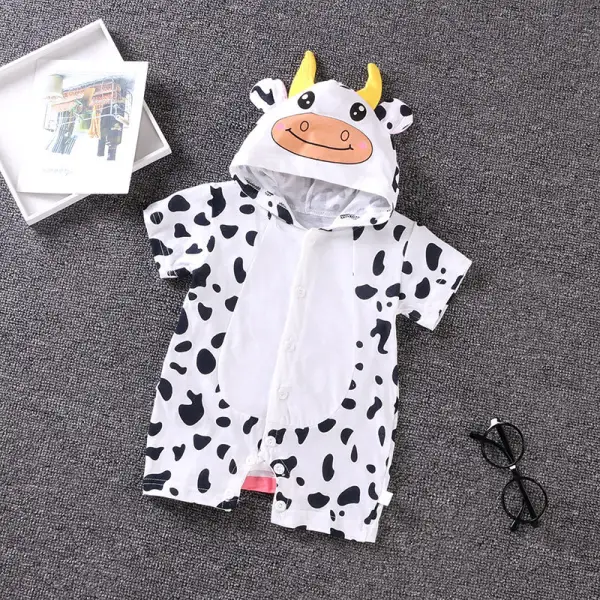 【3M-24M】Unisex Baby Cute Tiger Dairy Cow Dog Shaped Print Hooded Short-sleeved Romper - Lukalula.com 