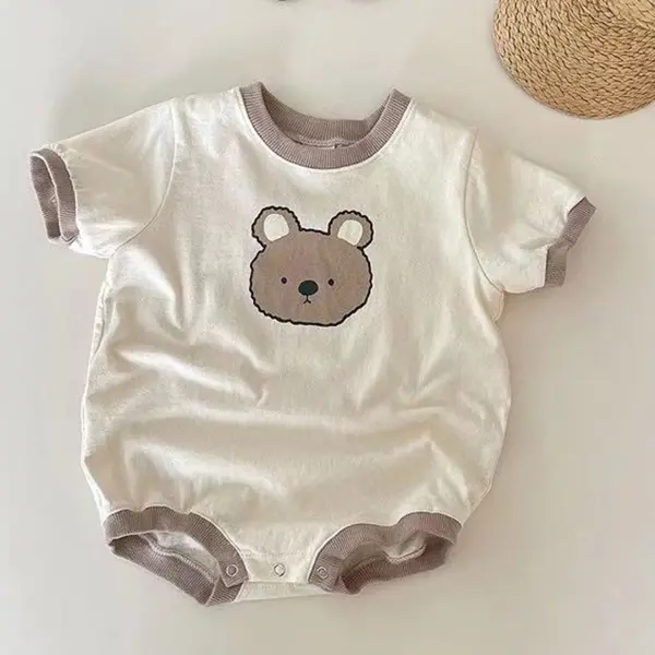【3M-24M】Unisex Baby Cute Cotton Cartoon Bear Print Colorblock Short Sleeves Romper Only $19.27 - Lukalula.com 