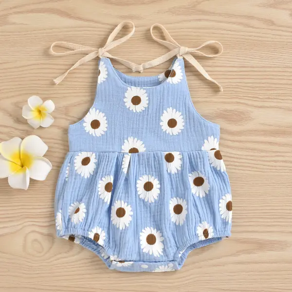 【0M-24M】Baby Girl Cute And Sweet Cotton Linen Daisy Print Suspender Romper Only $16.94 - Lukalula.com 