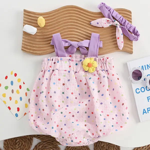 【3M-24M】Baby Girl Cute Sweet Colorful Polka Dot Print Suspender Romper With Headband Only $18.55 - Lukalula.com 