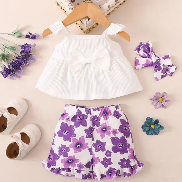 【3M-24M】3-piece Baby Girl Cute Sweet Bowknot Ruffled Sleeveless Top And Floral Sunflower Print Shorts Set With Headband Only $14.42 - Lukalula.com 