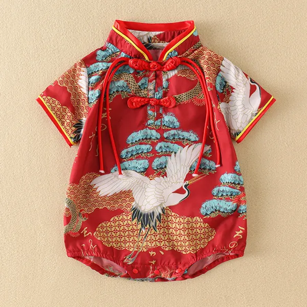 【3M-24M】Baby Girl Retro Fashion Chinese Style Print Short-sleeved Romper Only $23.39 - Lukalula.com 