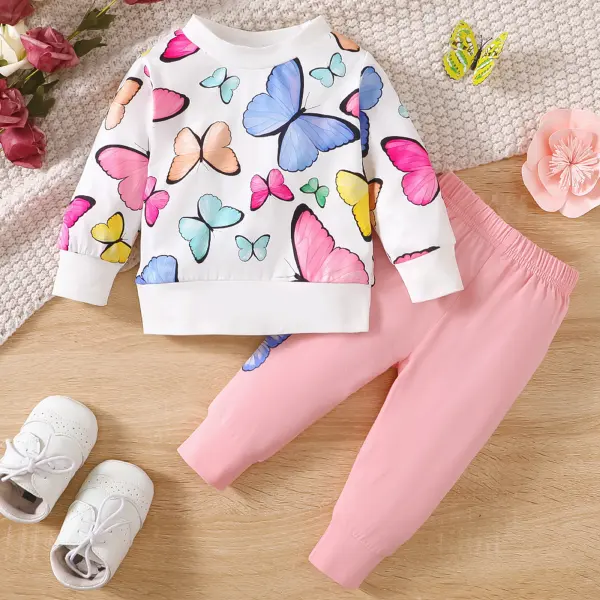 【3M-24M】2-piece Baby Girl Cute Colorful Butterfly Print Round Neck Sweatshirt And Pants Set Only $22.58 - Lukalula.com 
